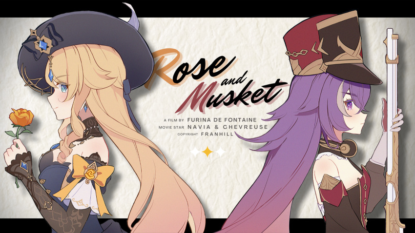 2girls bare_shoulders black_headwear blonde_hair blue_eyes breasts chevreuse_(genshin_impact) chinese_commentary closed_mouth commentary_request detached_sleeves dress drill_hair drill_sidelocks earrings english_text flower franhill genshin_impact gun hat highres holding holding_gun holding_weapon jewelry long_hair long_sleeves looking_at_viewer multicolored_hair multiple_girls navia_(genshin_impact) pointy_hair profile purple_eyes purple_hair red_flower red_headwear red_rose rose shako_cap sidelocks smile streaked_hair two-tone_dress two-tone_hair vision_(genshin_impact) weapon white_hair