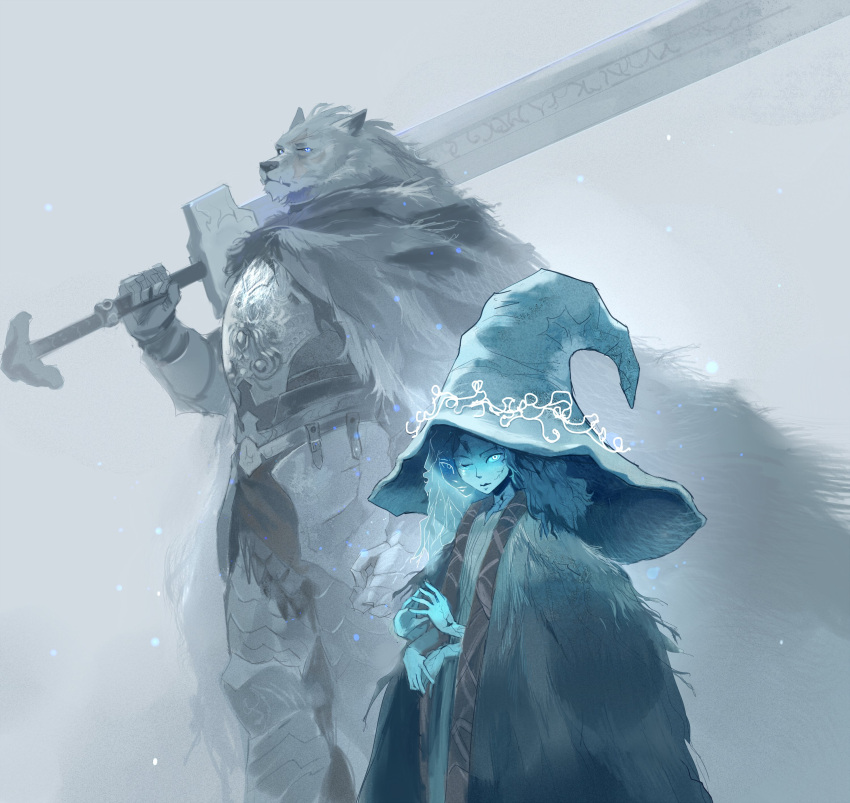 1girl absurdres armor blaidd_the_half-wolf blue_eyes blue_skin cape colored_skin crack cracked_skin dress droplixle elden_ring extra_arms extra_faces fog fur_coat hat highres long_hair looking_at_viewer plate_armor ranni_the_witch sword wavy_hair weapon witch_hat wolf_boy