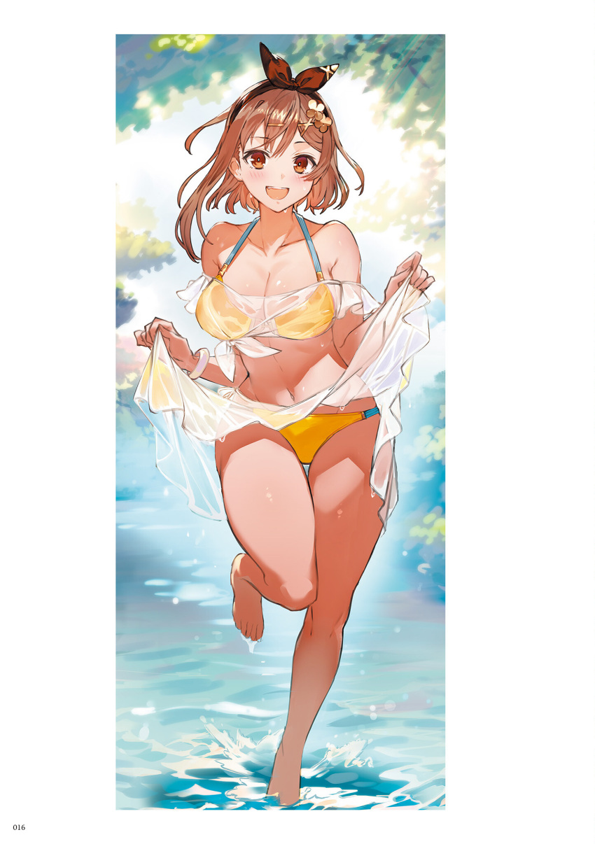 1girl atelier_(series) atelier_ryza atelier_ryza_3 barefoot bikini blush bracelet breasts brown_eyes brown_hair closed_mouth collarbone day full_body hair_ornament hairclip highres holding jewelry leg_up legs looking_at_viewer medium_breasts medium_hair navel official_art open_mouth outdoors page_number reisalin_stout see-through simple_background smile solo stomach swimsuit teeth thighs toes toridamono upper_teeth_only wading water water_drop x_hair_ornament yellow_bikini