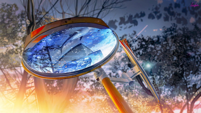 absurdres banishment blue_sky branch building cloud commentary_request evening fantasy fish highres no_humans original power_lines scenery signature sky star_(sky) starry_sky sunset traffic_mirror tree utility_pole whale