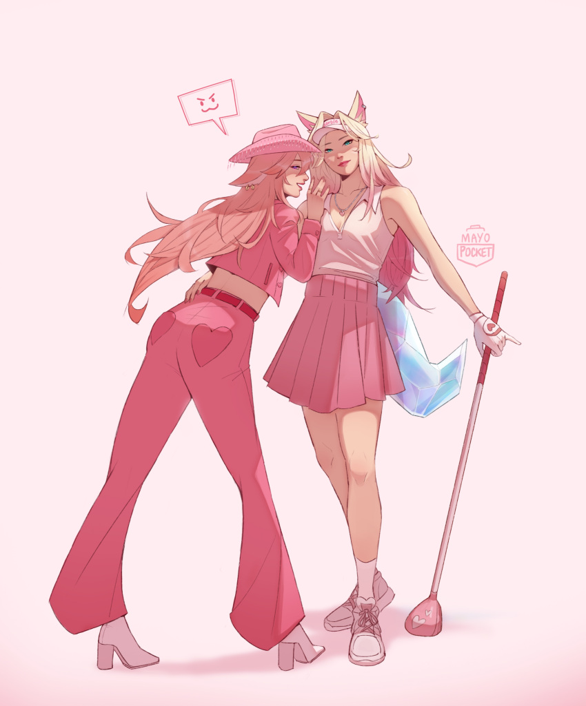 2girls absurdres ahri_(league_of_legends) animal_ears cowboy_hat crossover fox_ears genshin_impact gloves golf_club hat highres k/da_ahri league_of_legends long_hair mayopocket multiple_girls pants pink_hair pink_pants pink_skirt shirt shoes simple_background skirt sneakers twitter_username white_gloves white_shirt yae_miko