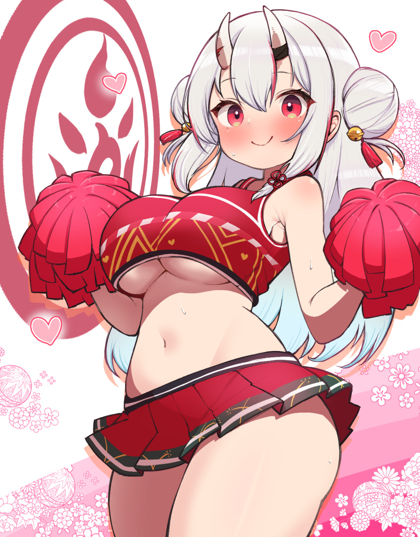 1girl alternate_breast_size bell blush breasts cheerleader commentary_request cowboy_shot double_bun grey_hair hair_bell hair_bun hair_ornament heart highres hololive horns kani_bonara large_breasts long_hair looking_at_viewer microskirt multicolored_hair nakiri_ayame navel oni_horns pleated_skirt pom_pom_(cheerleading) red_eyes red_hair red_skirt skin-covered_horns skirt smile solo stomach streaked_hair underboob virtual_youtuber white_background