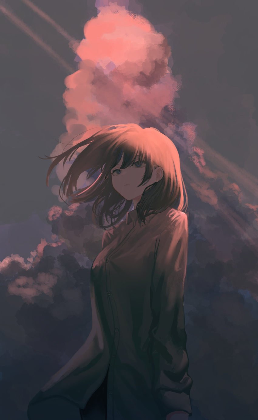 1girl absurdres cloud collared_shirt contrail cumulonimbus_cloud dark expressionless floating_hair grey_eyes grey_hair highres kyano_(kyanora3141) long_sleeves medium_hair original shirt sidelocks sky solo standing sunset upper_body white_shirt