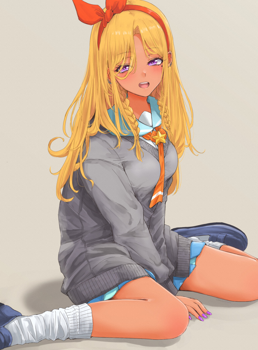 1girl amamiya_elena blonde_hair blue_footwear blue_skirt braid breasts cardigan commentary_request dark-skinned_female dark_skin dededeteiu grey_background grey_cardigan hairband highres long_hair looking_at_viewer loose_socks medium_breasts mole mole_under_eye nail_polish necktie open_mouth orange_necktie precure purple_eyes purple_nails red_hairband school_uniform shoes simple_background sitting skirt socks solo star_twinkle_precure tan teeth thighs twintails upper_teeth_only white_socks