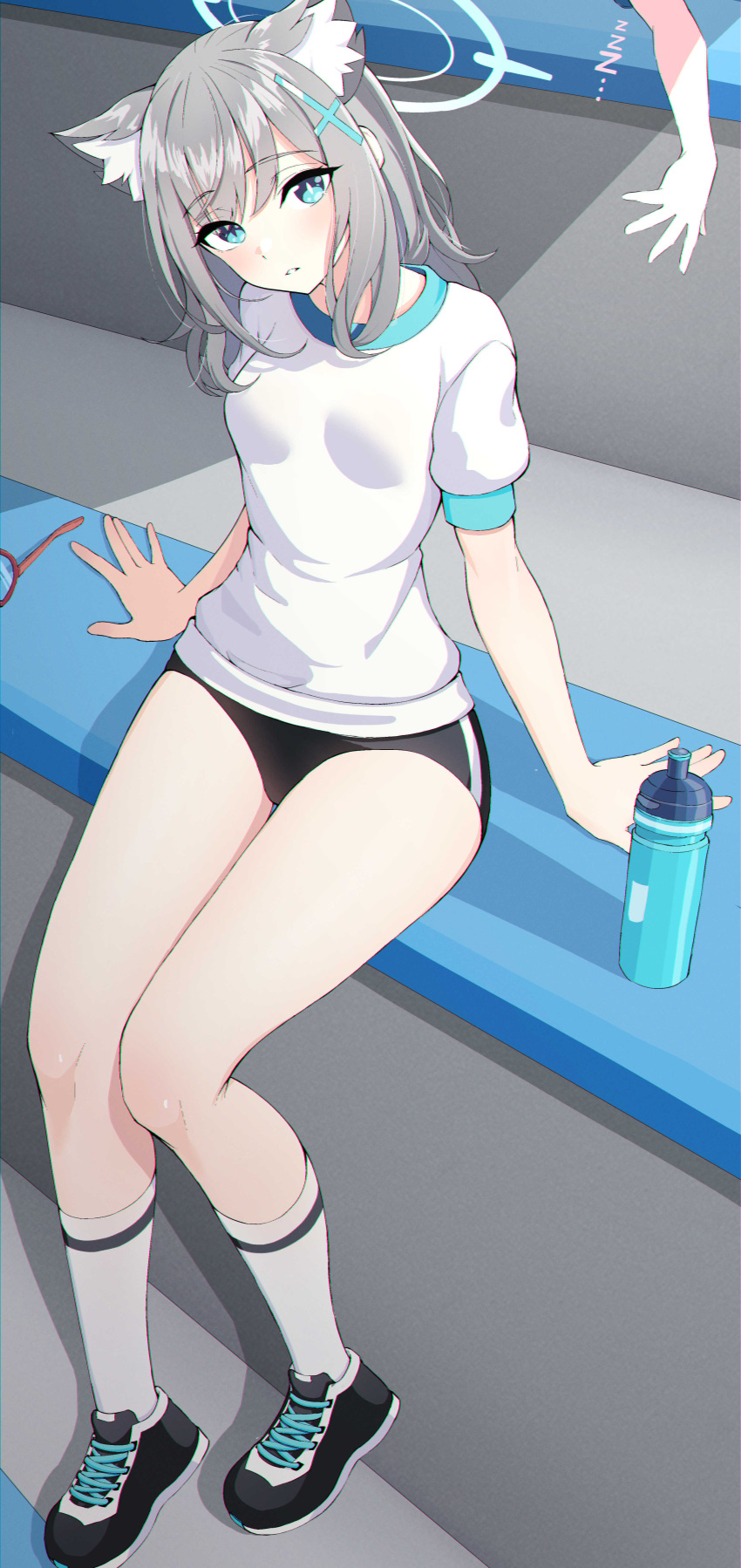 1girl absurdres animal_ear_fluff animal_ears black_buruma black_footwear blue_archive blue_eyes blue_halo blush breasts buruma cross_hair_ornament extra_ears grey_hair gym_shirt gym_uniform hair_ornament halo highres looking_at_viewer medium_breasts medium_hair okayusonmu open_mouth shiroko_(blue_archive) shirt shoes sitting socks solo white_shirt white_socks wolf_ears zzz