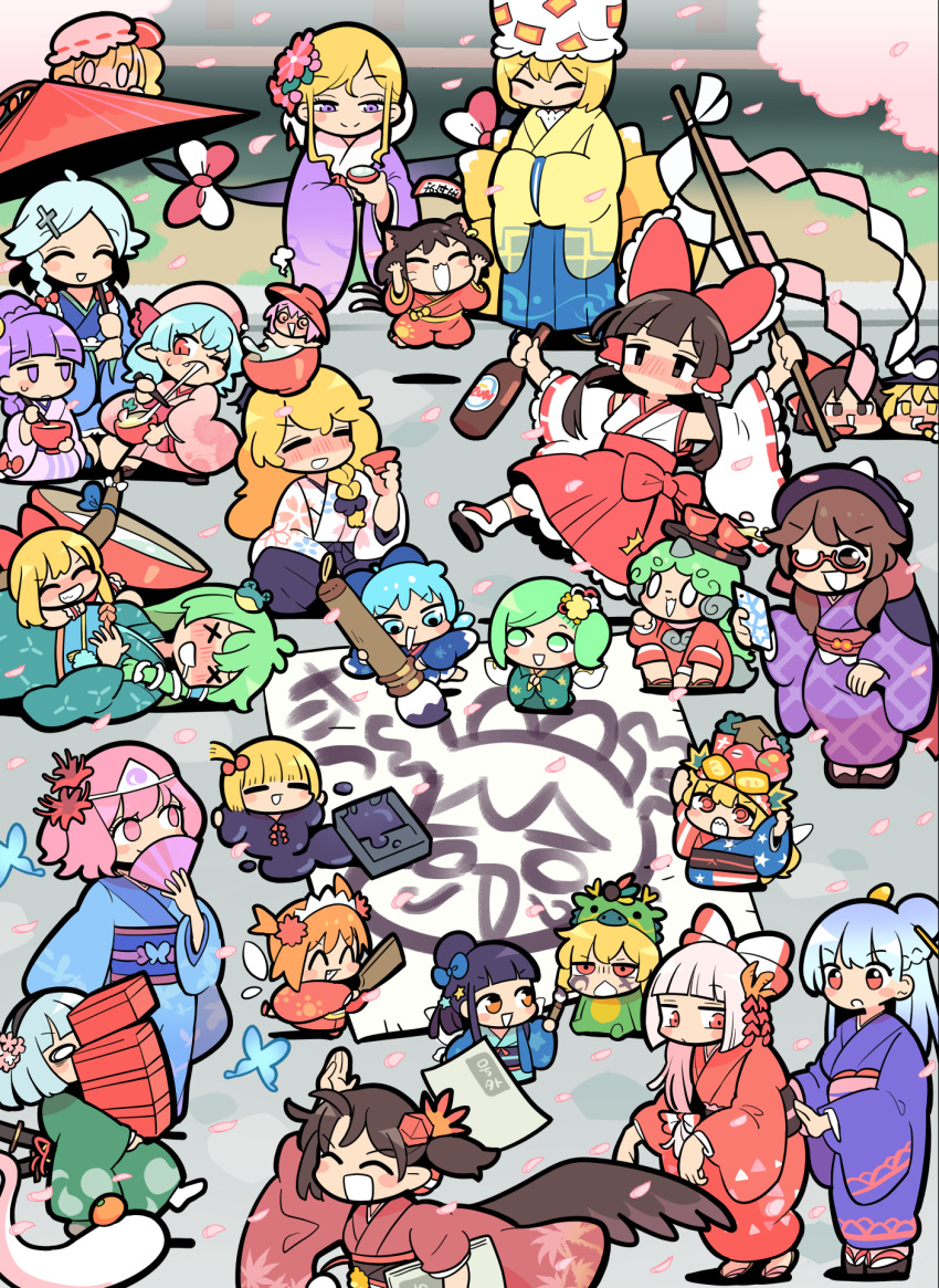 6+girls alcohol alternate_costume animal_costume animal_ears bare_shoulders beret bird_wings black_hair black_hairband black_hakama black_wings blonde_hair blue_bow blue_eyes blue_hair blue_hakama blue_kimono blue_ribbon blush blush_stickers bottle bow bowl bowl_hat braid brown_eyes brown_hair calligraphy_brush cat_ears cat_tail chen cherry_blossoms chestnut_mouth chopsticks cirno closed_mouth clownpiece crescent crescent_hair_ornament crystal cup daiyousei detached_sleeves dragon_costume drooling drunk dual_persona earrings eating fairy fairy_wings fang feathered_wings flandre_scarlet folding_fan food fox_ears fox_tail frog_hair_ornament fruit fujiwara_no_mokou gap_(touhou) gohei green_eyes green_hair green_kimono grey_hair hagoita hair_bow hair_ornament hair_tubes hairband hakama hakurei_reimu hand_fan hat headdress highres hitodama holding holding_bottle holding_bowl holding_brush holding_chopsticks holding_fan holding_gohei holding_newspaper holding_umbrella horn_ornament horn_ribbon horns ibuki_suika izayoi_sakuya japanese_clothes jewelry kamishirasawa_keine kimono kirisame_marisa kochiya_sanae komano_aunn konpaku_youmu konpaku_youmu_(ghost) long_hair long_sleeves luna_child mandarin_orange miko mob_cap mochi mouth_drool moyazou_(kitaguni_moyashi_seizoujo) multiple_girls multiple_tails newspaper obi oil-paper_umbrella okobo one_eye_closed oni_horns open_mouth orange_hair paddle paintbrush patchouli_knowledge pink_eyes pink_hair pink_headwear pink_kimono pointy_ears purple_eyes purple_hair purple_kimono red_bow red_eyes red_hakama red_headwear red_kimono remilia_scarlet ribbon ribbon-trimmed_sleeves ribbon_trim rumia saigyouji_yuyuko sakazuki sake sake_bottle sandals sash shameimaru_aya short_hair siblings side_ponytail sidelocks single_braid single_earring single_horn sisters snake_hair_ornament socks star_sapphire sukuna_shinmyoumaru sunny_milk tabi tail touhou triangular_headpiece twin_braids two_side_up two_tails umbrella usami_sumireko white_bow white_hair white_headwear white_kimono white_sleeves white_socks wide_sleeves wings yakumo_ran yakumo_yukari yellow_eyes yellow_kimono yukkuri_shiteitte_ne zouri