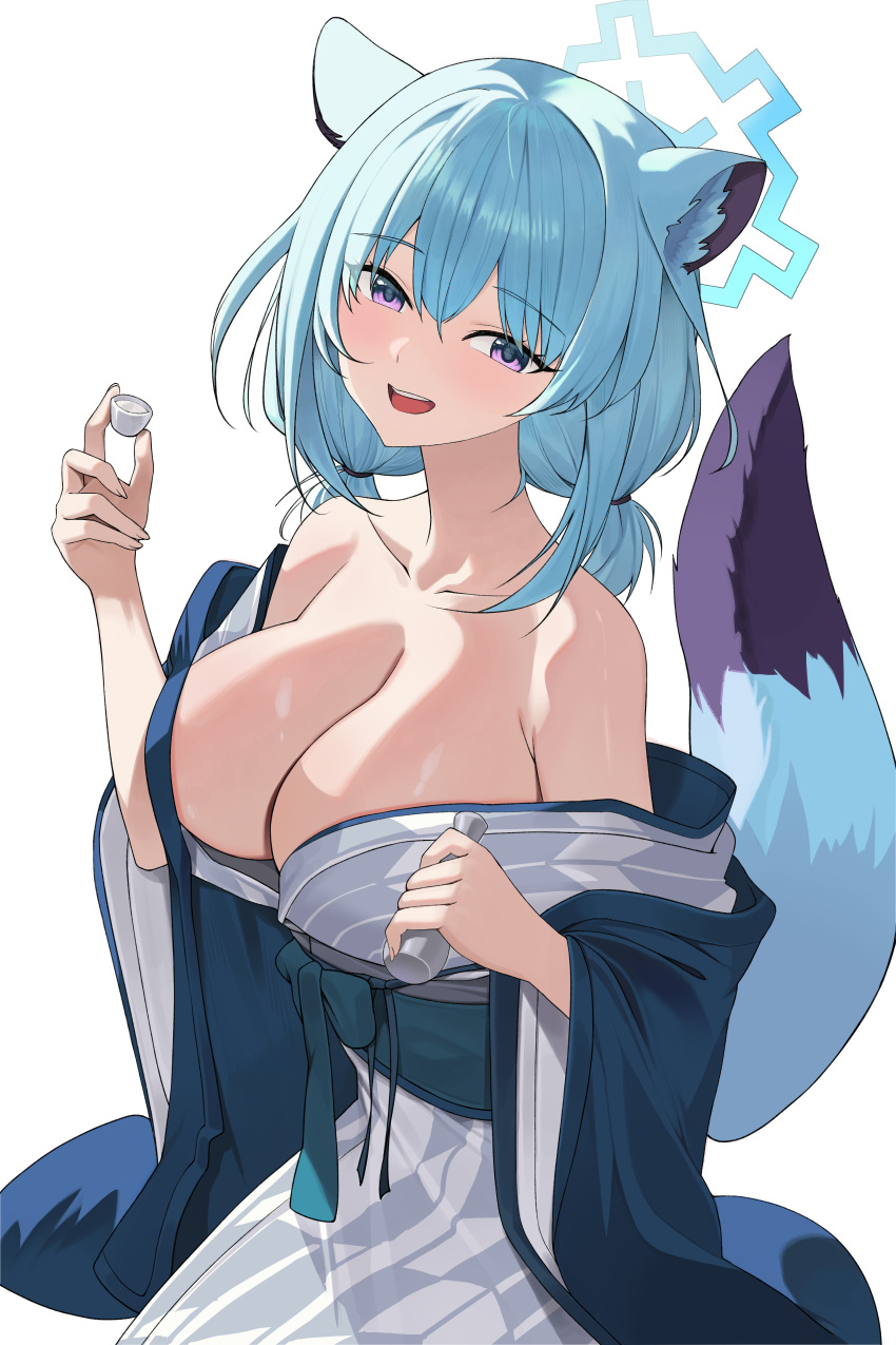 1girl absurdres animal_ears bath_yukata blue_archive blue_halo blush breasts cleavage collarbone cup green_hair grey_kimono hair_between_eyes halo highres holding holding_cup japanese_clothes kimono kookie large_breasts long_sleeves looking_at_viewer medium_hair obi official_alternate_costume open_mouth purple_eyes sash shigure_(blue_archive) shigure_(hot_spring)_(blue_archive) simple_background smile solo tail weasel_ears weasel_tail white_background wide_sleeves yukata