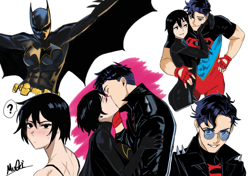 1boy 1girl ? abs absurdres batgirl batman_(series) belt black_bodysuit black_eyes black_hair blue_eyes bodysuit breasts cape cassandra_cain closed_eyes dc_comics fingerless_gloves gloves hetero highres jacket kiss kon-el leather leather_jacket mugi red_gloves scar short_hair signature simple_background spiked_jacket spoken_question_mark sunglasses superboy superhero superman_(series) utility_belt white_background