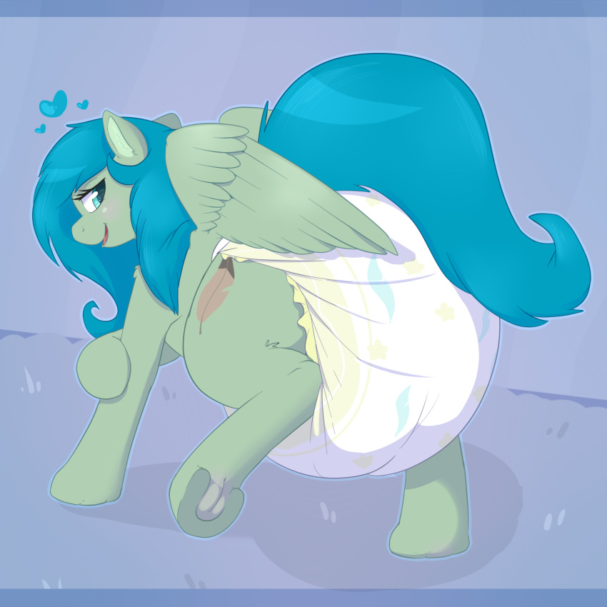 &lt;3 1:1 big_diaper blue_eyes blue_hair blue_tail bunnykisses cutie_mark diaper eyelashes feathered_wings feathers female feral fur glistening glistening_eyes green_body green_ears green_feathers green_fur green_wings hair hasbro hi_res huge_diaper long_hair looking_back my_little_pony open_mouth open_smile pattern_diaper quadruped red_tongue shadow smile solo three-quarter_view tongue white_diaper wings yellow_diaper