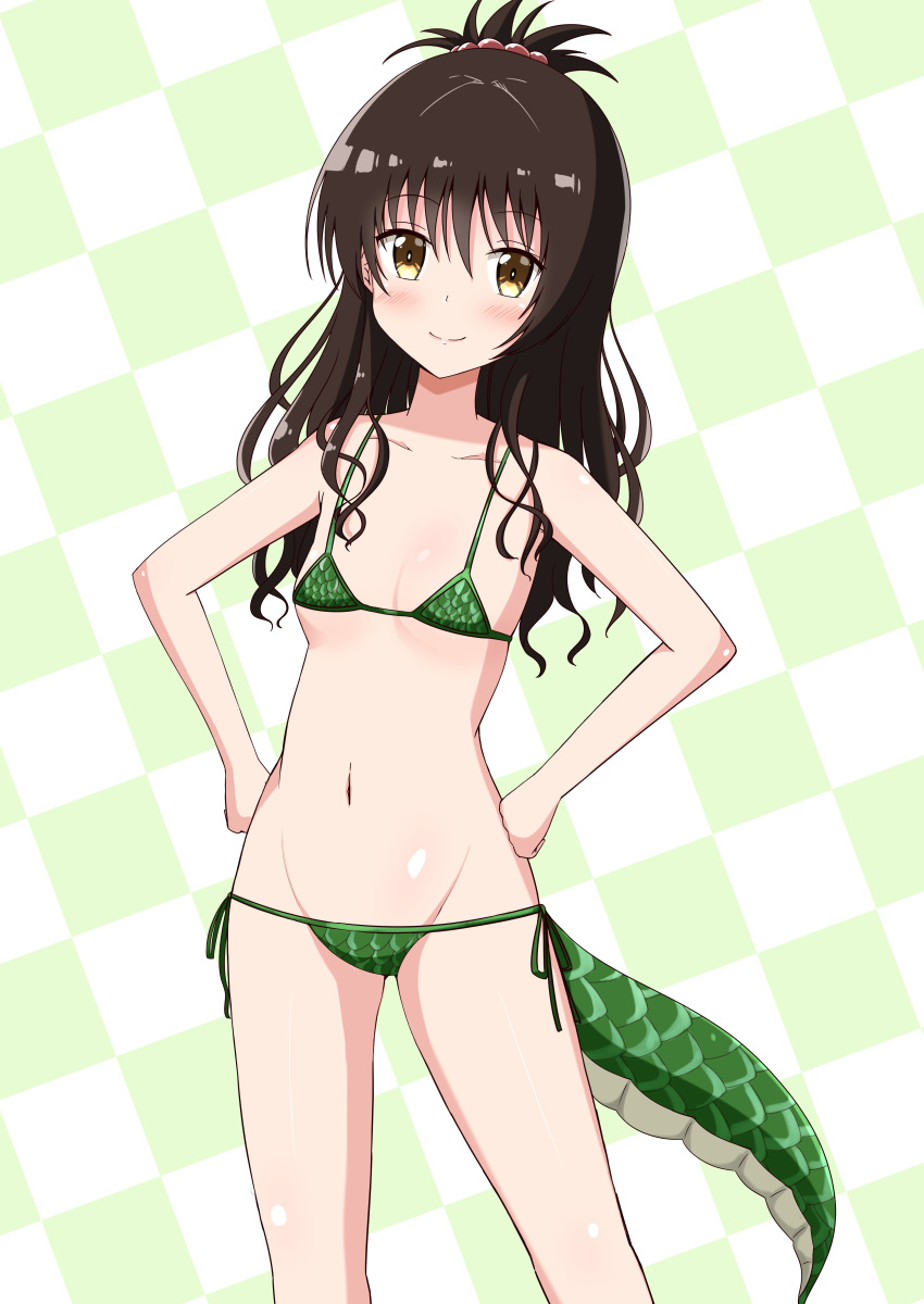 1girl absurdres aikawa_ryou bare_arms bare_shoulders bikini blush breasts brown_eyes brown_hair checkered_background chinese_zodiac closed_mouth collarbone commentary_request dragon_tail feet_out_of_frame green_bikini groin hair_between_eyes hands_on_own_hips highres long_hair navel print_bikini scale_print side-tie_bikini_bottom small_breasts smile solo standing swimsuit tail to_love-ru year_of_the_dragon yuuki_mikan