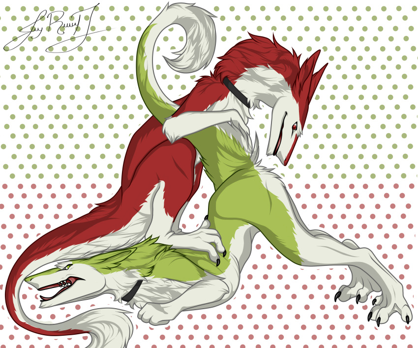 absurd_res anthro ass_up brother_(lore) brothers_(lore) butt collar duo fur green_body green_fur hi_res looking_at_another looking_at_another's_butt looking_at_butt looking_back looking_back_at_another male male/male nude raised_tail red_body red_fur sergal sibling_(lore) tail unknown_artist