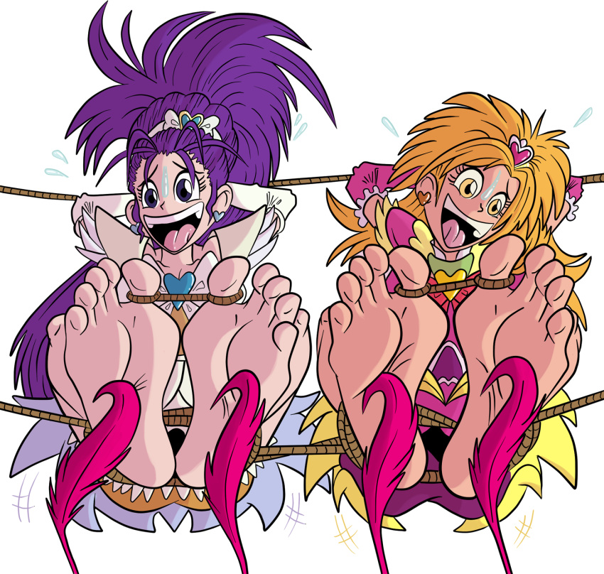 2girls barefoot bdsm bondage bound bound_ankles cure_bloom cure_egret feet foot_focus foot_tickling futari_wa_precure_splash_star highres hyuuga_saki magical_girl mishou_mai multiple_girls non-web_source precure tickling