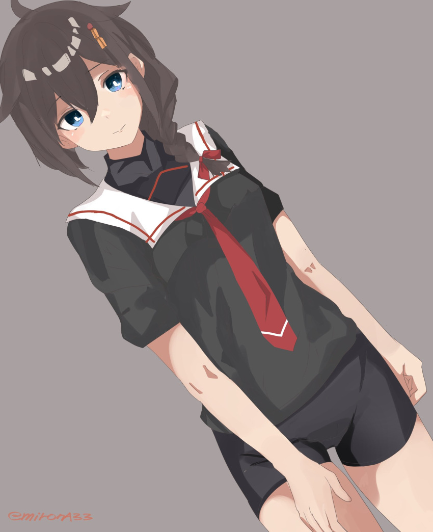 1girl adapted_costume ahoge alternate_costume black_shirt black_shorts blue_eyes braid dutch_angle grey_background hair_flaps hair_ornament hair_over_shoulder highres kantai_collection long_hair miron_(mirona33) neckerchief red_neckerchief sailor_collar sailor_shirt school_uniform serafuku shigure_(kancolle) shigure_kai_ni_(kancolle) shirt shorts simple_background single_braid solo standing twitter_username white_sailor_collar