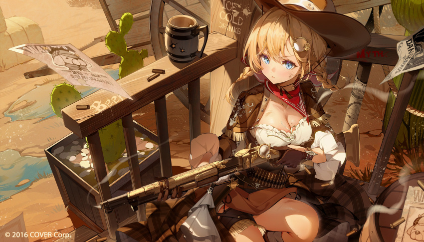 1girl absurdres akizero1510 blonde_hair blue_eyes breasts bubba_(watson_amelia) bullet bullet_hole cactus cleavage cowboy_hat gun hat highres holding holding_gun holding_weapon hololive hololive_english large_breasts looking_at_viewer official_art rifle shell_casing wanted watson_amelia weapon