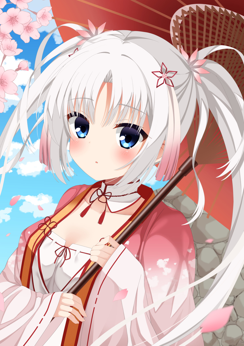 1girl absurdres blue_eyes blush breasts cherry_blossoms cleavage commentary day detached_collar flower gradient_kimono grey_hair hair_flower hair_ornament highres holding holding_umbrella japanese_clothes kimono long_hair looking_at_viewer maple_0126 medium_breasts nontraditional_miko oil-paper_umbrella outdoors parted_bangs parted_lips pink_flower red_kimono red_umbrella senren_banka sleeves_past_wrists solo tomotake_yoshino twintails umbrella upper_body very_long_hair white_kimono wide_sleeves