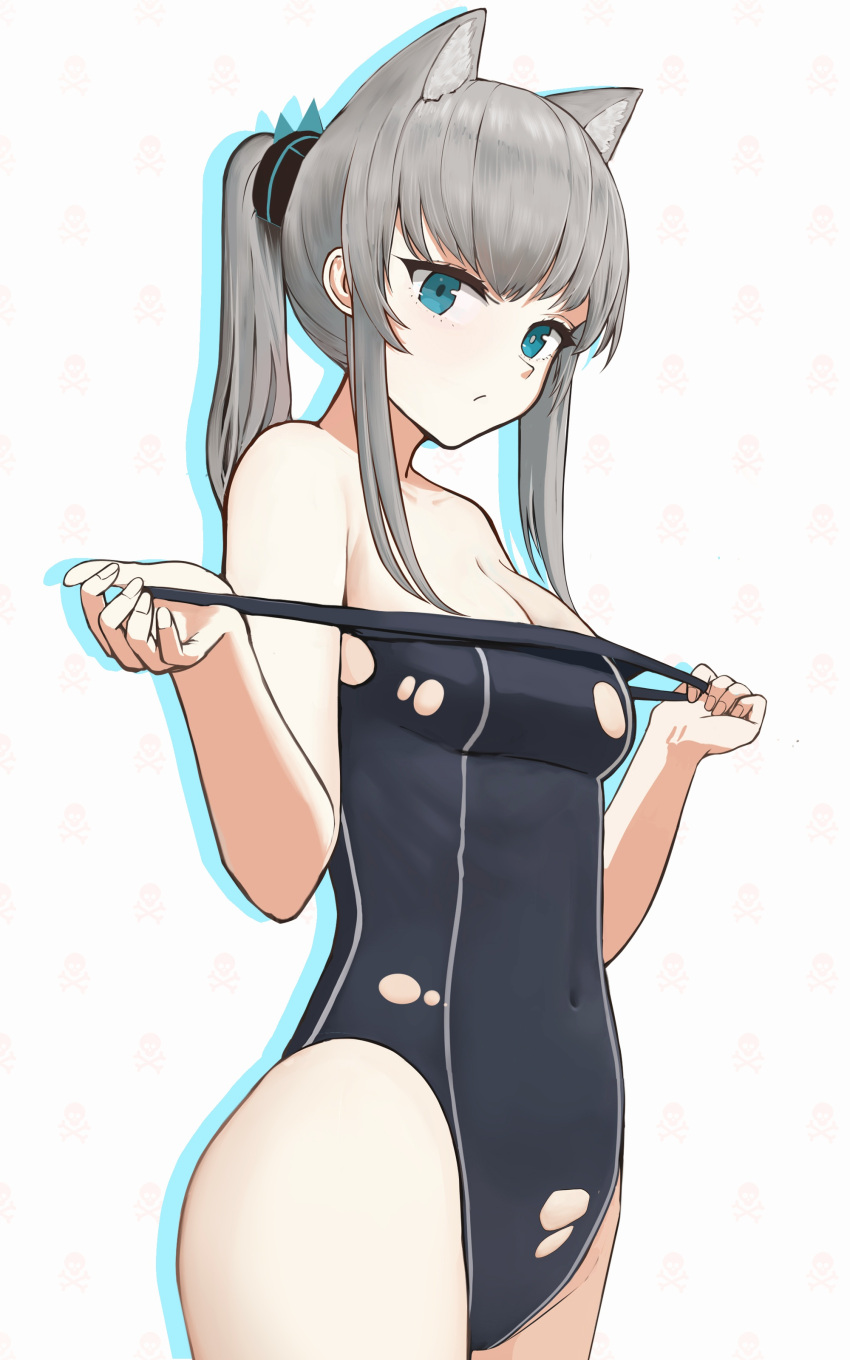 1girl absurdres animal_ear_fluff animal_ears black_one-piece_swimsuit black_scrunchie blue_archive blue_eyes breasts cleavage closed_mouth competition_swimsuit extra_ears grey_hair hair_ornament hair_scrunchie halo highres looking_at_viewer medium_breasts medium_hair mismatched_pupils monstarno official_alternate_costume one-piece_swimsuit ponytail scrunchie shiroko_(blue_archive) shiroko_(swimsuit)_(blue_archive) solo swimsuit torn_clothes torn_swimsuit wolf_ears
