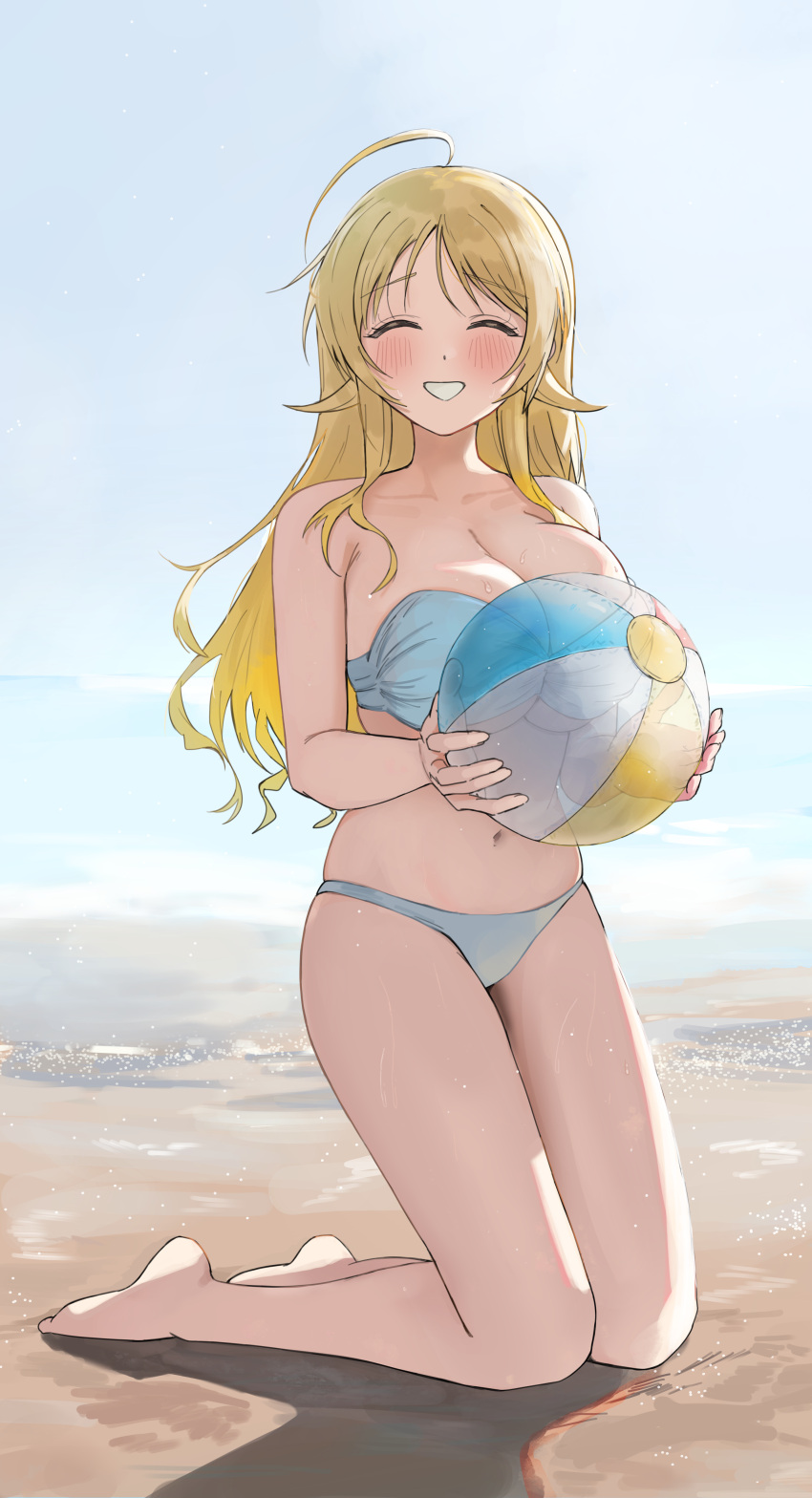 1girl ^_^ absurdres ahoge ball bare_legs bare_shoulders barefoot beach beachball bikini blonde_hair blue_sky blush breasts cleavage closed_eyes cloud collarbone day facing_viewer full_body hachimiya_meguru highres holding holding_ball holding_beachball idolmaster idolmaster_shiny_colors kneeling large_breasts long_hair looking_at_viewer navel ocean outdoors pdal_(pdalhhh) sky smile solo stomach strapless strapless_bikini swimsuit thighs very_long_hair white_bikini