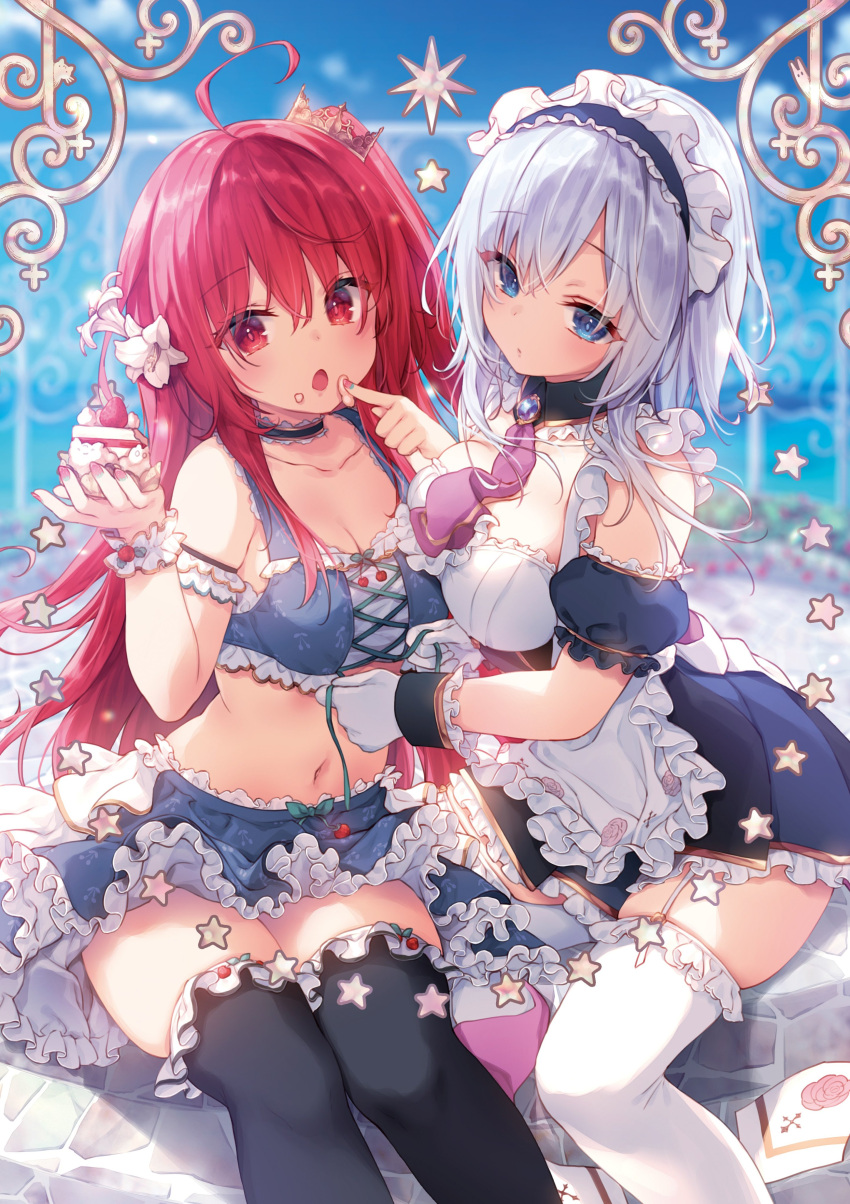 2girls :o absurdres ahoge bangs banned_artist bare_shoulders black_legwear blue_dress blue_eyes blurry blurry_background blush breasts brooch choker cleavage collarbone day dress eyebrows_visible_through_hair feet_out_of_frame finger_to_cheek frilled_choker frills garter_straps gloves hair_between_eyes hands_up highres jewelry knees_together_feet_apart konomi_(kino_konomi) large_breasts long_hair looking_at_viewer maid_headdress midriff multiple_girls navel necktie off-shoulder_dress off_shoulder open_mouth original outdoors puffy_short_sleeves puffy_sleeves purple_necktie red_eyes red_hair short_sleeves silver_hair sitting star_(symbol) thighhighs very_long_hair white_gloves white_legwear