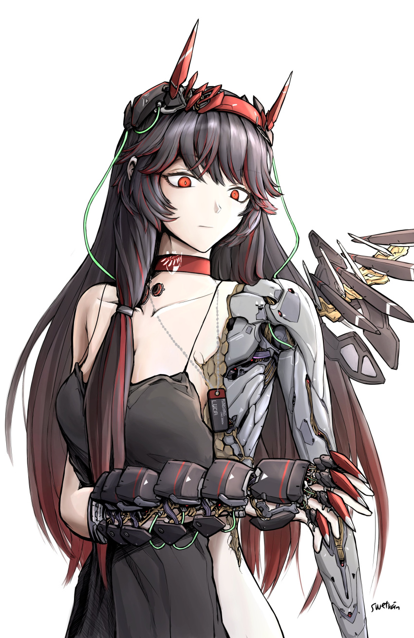 1girl absurdres armored_gloves black_dress black_hair choker closed_mouth dog_tags dress headgear highres horns long_hair lucia_(punishing:_gray_raven) mechanical_arms mechanical_horns mechanical_parts mechanical_wings multicolored_hair punishing:_gray_raven red_choker red_eyes red_hair sidelocks signature single_sidelock solo streaked_hair swetrain4 white_background wings