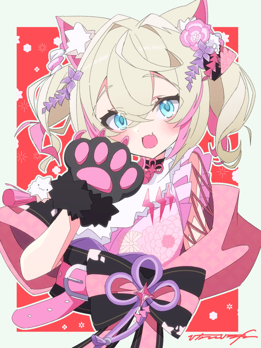 1girl :d animal_ear_fluff animal_hands belt black_sash blonde_hair blue_eyes dog_paws fang floral_print_kimono flower hair_flower hair_ornament highres hinata_hirune hololive hololive_english japanese_clothes kimono mococo_abyssgard mococo_abyssgard_(new_year) multicolored_hair obi official_alternate_costume open_mouth pink_belt pink_hair pink_kimono sash skin_fang sleeveless sleeveless_kimono smile solo streaked_hair twintails virtual_youtuber