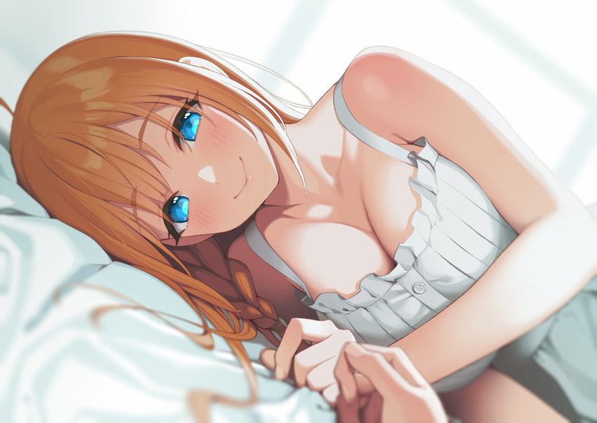 1girl ahoge bed bed_sheet blue_eyes blush braid breasts cleavage collarbone dress ears happy highres large_breasts long_hair looking_at_viewer lunch_(lunch3) lying orange_hair pecorine_(princess_connect!) princess_connect! smile