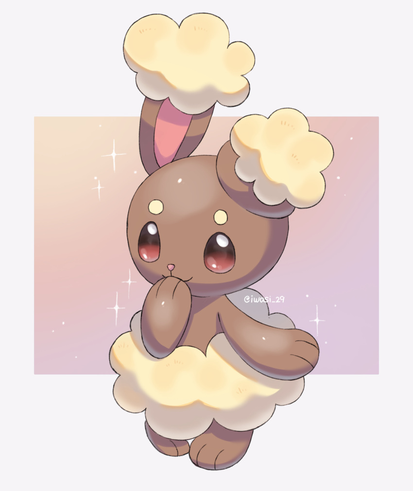 animal_focus artist_name asymmetrical_ears brown_eyes brown_fur buneary closed_mouth commentary_request gradient_background highres iwasi_29 no_humans pink_background pokemon pokemon_(creature) rabbit sparkle standing twitter_username two-tone_background white_background