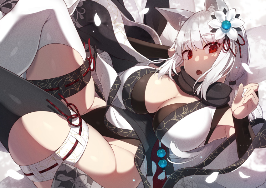 1girl animal_ears armpits breasts cleavage eyebrows_visible_through_hair flower fox_ears from_side hair_between_eyes hair_flower hair_ornament highres japanese_clothes kimono large_breasts leotard long_hair lying open_mouth original petals ponytail red_eyes samegami solo thick_thighs thighhighs thighs white_hair