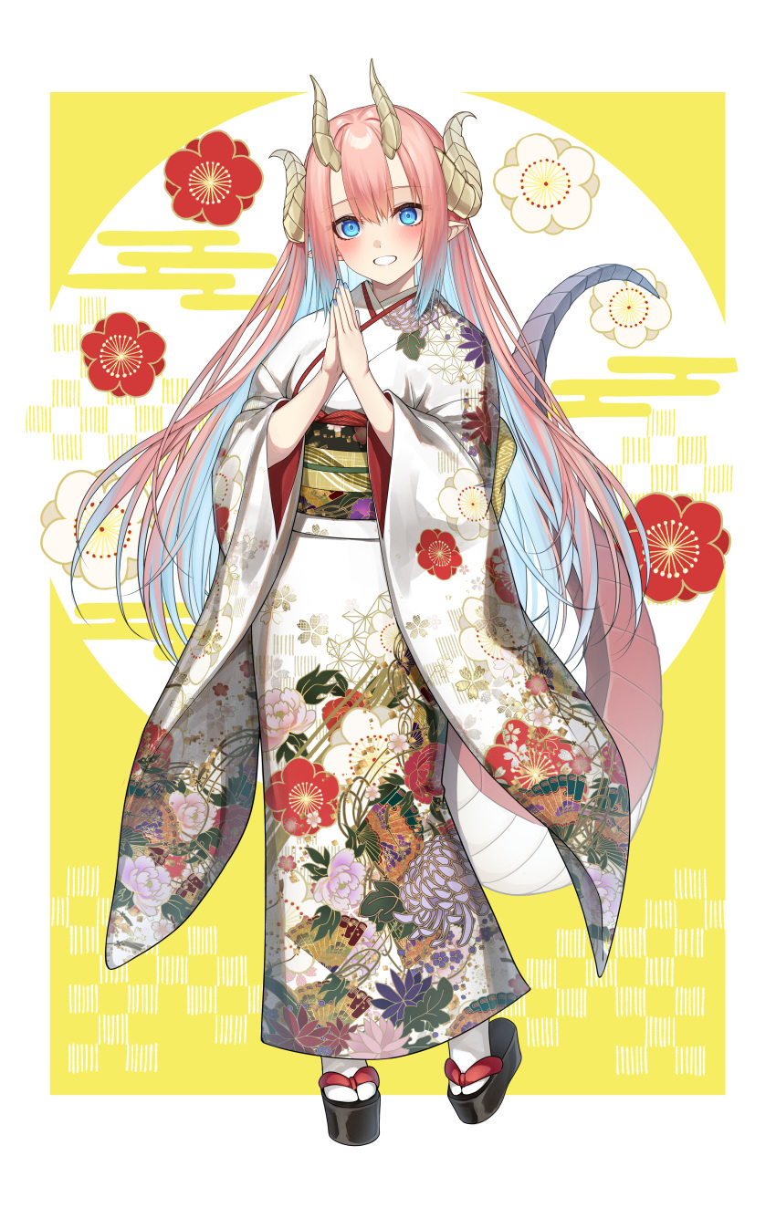 1girl absurdres blue_eyes blush chinese_zodiac commentary_request dragon_girl dragon_horns dragon_tail floral_print full_body go-1 highres horns japanese_clothes kimono long_hair looking_at_viewer multiple_horns new_year obi original own_hands_together pink_hair pointy_ears print_kimono sash smile socks solo standing tabi tail white_kimono white_socks wide_sleeves year_of_the_dragon