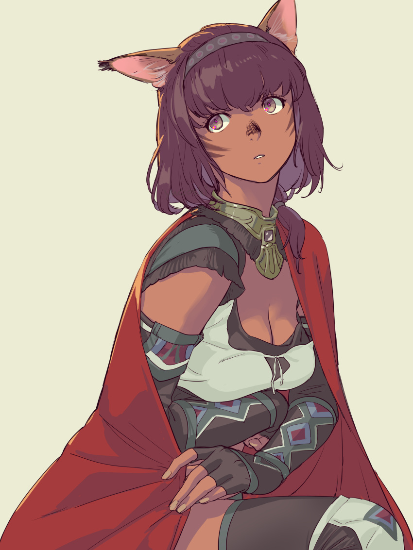 1girl absurdres adventurer_(ff11) animal_ears black_gloves breasts brown_hair cat_ears cat_girl cleavage dark-skinned_female dark_skin elbow_gloves facial_mark final_fantasy final_fantasy_xi fingerless_gloves fingernails gloves grey_eyes grey_hairband hairband highres looking_afar looking_to_the_side medium_breasts medium_hair mithra_(ff11) parted_lips simple_background solo whisker_markings white_background yuccoshi