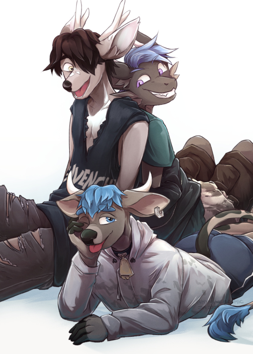 anthro bottomwear bovid bovine cattle clothing deer dragon fashion girly group hi_res looking_at_viewer male mammal mynameiscomic one_eye_closed open_mouth pose preston_gage roper_biscotti shorts sleeveless_shirt smile smiling_at_viewer smirk smirking_at_viewer tongue tongue_out trio wink
