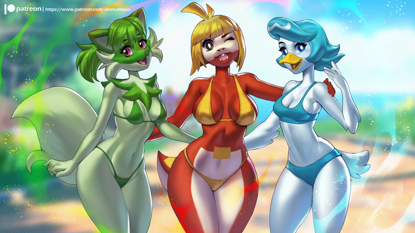 alanscampos anthro beak bikini black_eyes blonde_hair blue_bikini blue_clothing blue_eyes blue_hair blue_swimwear blurred_background breasts clothing eyebrows eyelashes fangs feathers female fuecoco fur green_bikini green_body green_clothing green_fur green_hair green_swimwear group hair hi_res looking_at_viewer navel nintendo one_eye_closed open_beak open_mouth open_smile outside pok&eacute;mon pok&eacute;mon_(species) pupils quaxly red_body red_eyes short_hair smile sprigatito swimwear trio video_games white_body white_feathers white_pupils wink yellow_bikini yellow_clothing yellow_swimwear