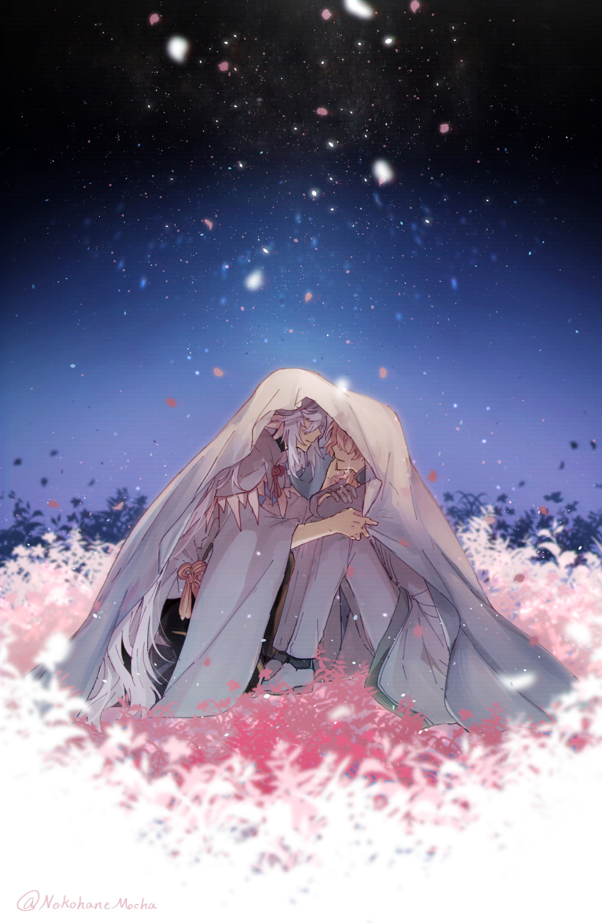 2boys absurdres artist_name black_sky black_socks blanket_grab blue_sky blurry blurry_foreground closed_mouth coat crossed_arms crying falling_petals fate/grand_order fate_(series) field flower_knot from_side frown full_body gloves gradient_sky hand_on_another's_cheek hand_on_another's_face highres hood hood_down hooded_robe knees_up lab_coat light_particles long_hair long_sleeves looking_at_another male_focus merlin_(fate) multiple_boys neck_ribbon nekohanemocha night night_sky outdoors pants petals pink_hair pink_ribbon ribbon robe romani_archaman shoes sitting sky socks star_(sky) twitter_username under_covers very_long_hair white_coat white_footwear white_gloves white_hair white_pants white_robe wide_sleeves