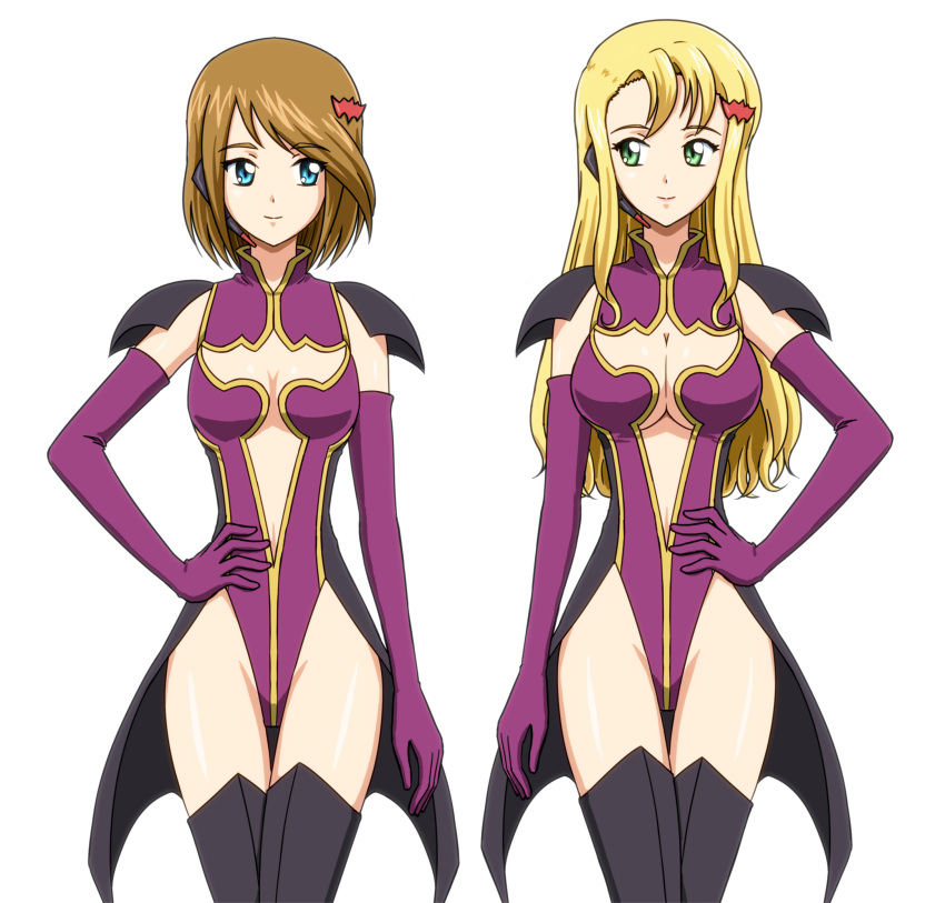 2girls absurdres bat_hair_ornament black_thighhighs blonde_hair blue_eyes breasts brown_hair cape cleavage closed_mouth code_geass elbow_gloves gloves green_eyes hair_ornament hand_on_own_hip highres large_breasts liliana_vergamon long_hair looking_at_another looking_at_viewer marika_soresi multiple_girls pilot_suit purple_gloves short_hair simple_background small_breasts smile thighhighs uechan94 white_background