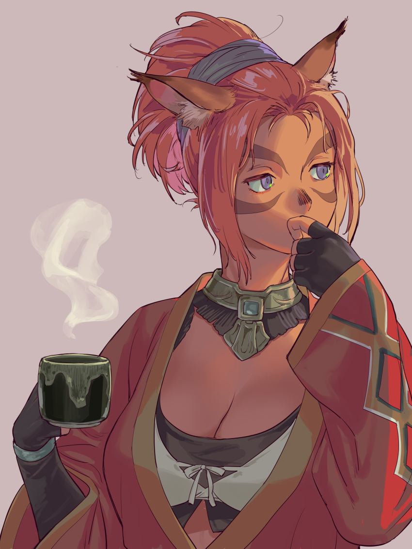 1girl absurdres adventurer_(ff11) animal_ear_fluff animal_ears black_gloves breasts cat_ears cat_girl cleavage cup final_fantasy final_fantasy_xi fingerless_gloves gloves hand_to_own_mouth hands_up highres holding holding_cup long_sleeves medium_breasts mithra_(ff11) mug no_eyebrows orange_hair purple_background purple_eyes short_hair simple_background solo steam upper_body yuccoshi