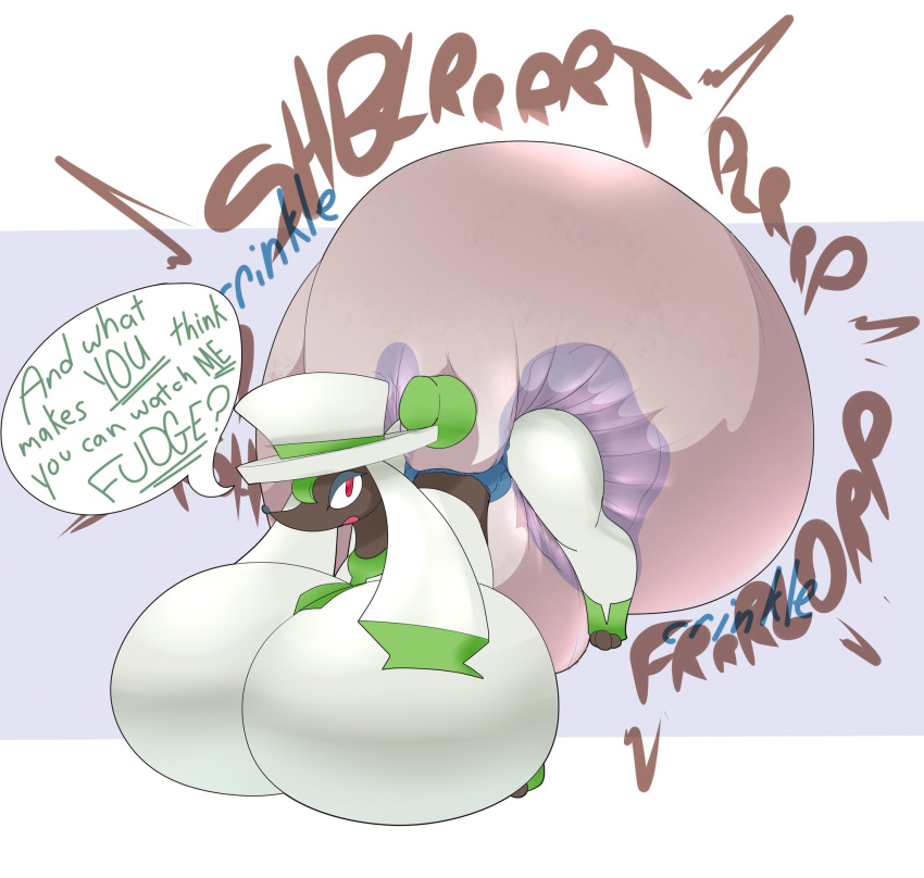 big_breasts big_diaper breasts busty_feral chocomintshake crinkling dandy_trim_furfrou dialogue diaper feces feral furfrou generation_6_pokemon hi_res huge_breasts hyper_soiling looking_at_viewer male nintendo onomatopoeia pokemon pokemon_(species) soiling solo sound_effects speech_bubble talking_to_viewer text