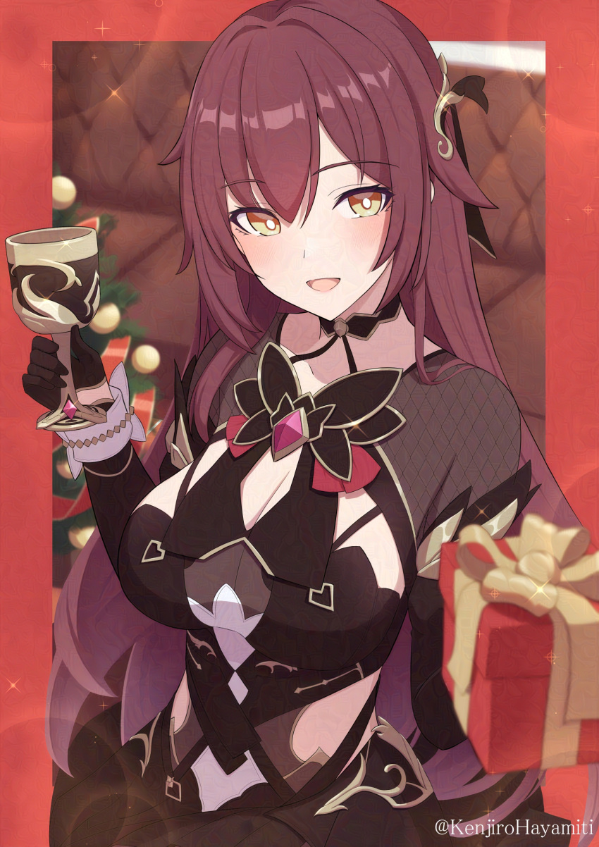 1girl :d black_dress black_gloves border box breasts brown_eyes brown_hair chalice cleavage commentary_request couch cup dress eden_(honkai_impact) gift gift_box gloves hair_between_eyes half_gloves highres holding holding_cup holding_gift honkai_(series) honkai_impact_3rd kenjirohayamiti large_breasts long_hair looking_at_viewer red_border smile solo twitter_username very_long_hair