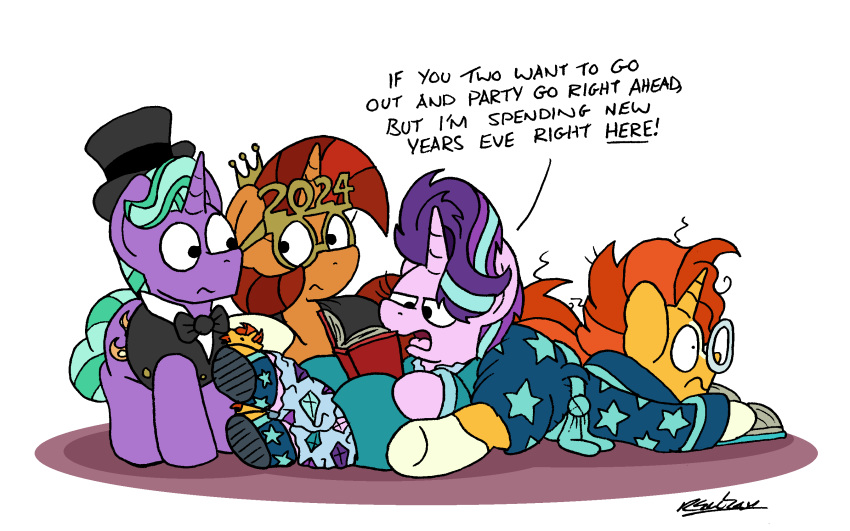 black_tie_(suit) bobthedalek butt_pillow clothing equid equine female firelight_(mlp) friendship_is_magic group hasbro hat headgear headwear hi_res horn male mammal my_little_pony novelty_glasses pajamas princess_celestia_(mlp) robe starlight_glimmer_(mlp) stellar_flare_(mlp) suit top_hat unicorn