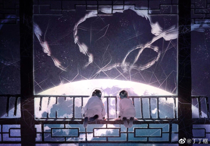 1boy 1girl black_footwear black_hair child chinese_commentary commentary_request earth_(planet) from_behind full_body kneeling lattice original patch pillar planet sheya_tin shoes short_hair sitting_on_bench space spacecraft_interior spacesuit star_(sky) watermark weibo_logo weibo_username