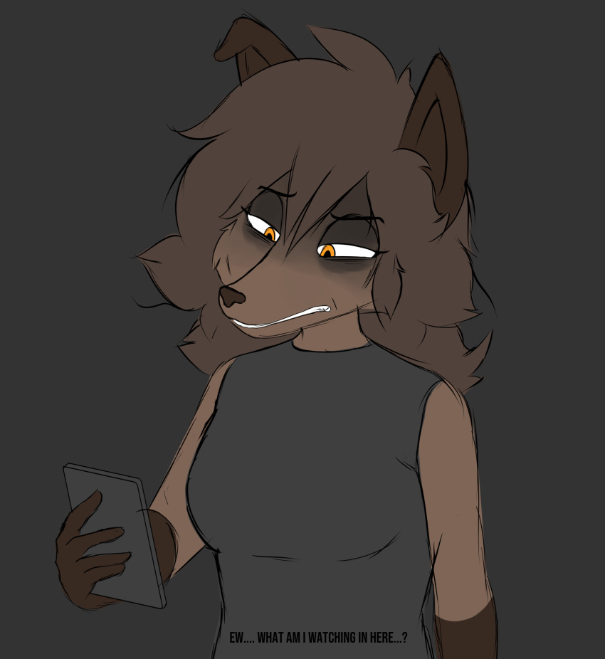 anthro brown_body brown_fur brown_hair canid canine canis clothing disgust donya donya_desmond eye_bags female fur hair hi_res holding_object mammal messy_hair narrowed_eyes orange_eyes shirt simple_background solo text topwear wolf