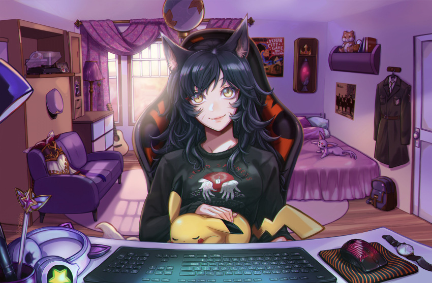 1girl absurdres ahri_(league_of_legends) alternate_costume animal_ears backpack bag bed black_hair black_sweater breasts brown_eyes brown_jacket chair clothes_removed couch crown day desk dress espeon fox_ears guitar headphones highres indoors instrument jacket keyboard_(computer) lamp league_of_legends long_hair mouse_(computer) on_lap pikachu pillow pokemon pokemon_(creature) poro_(league_of_legends) poster_(object) shinaa_(maddynshinaa) shiny shiny_hair sitting slit_pupils smile staff stuffed_toy sweater vastaya window