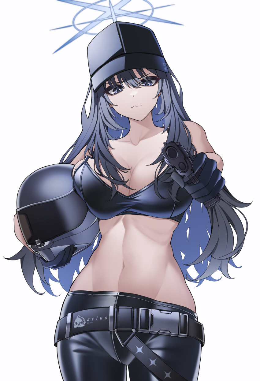 1girl absurdres aiming aiming_at_viewer bare_shoulders baseball_cap black_headwear black_pants blue_archive blue_eyes blue_hair breasts cleavage closed_mouth collarbone gun halo handgun hat helmet highres holding holding_gun holding_helmet holding_weapon large_breasts long_hair looking_at_viewer midriff navel pants popcat_(jung5u) saori_(blue_archive) simple_background solo standing stomach unworn_headwear unworn_helmet weapon white_background