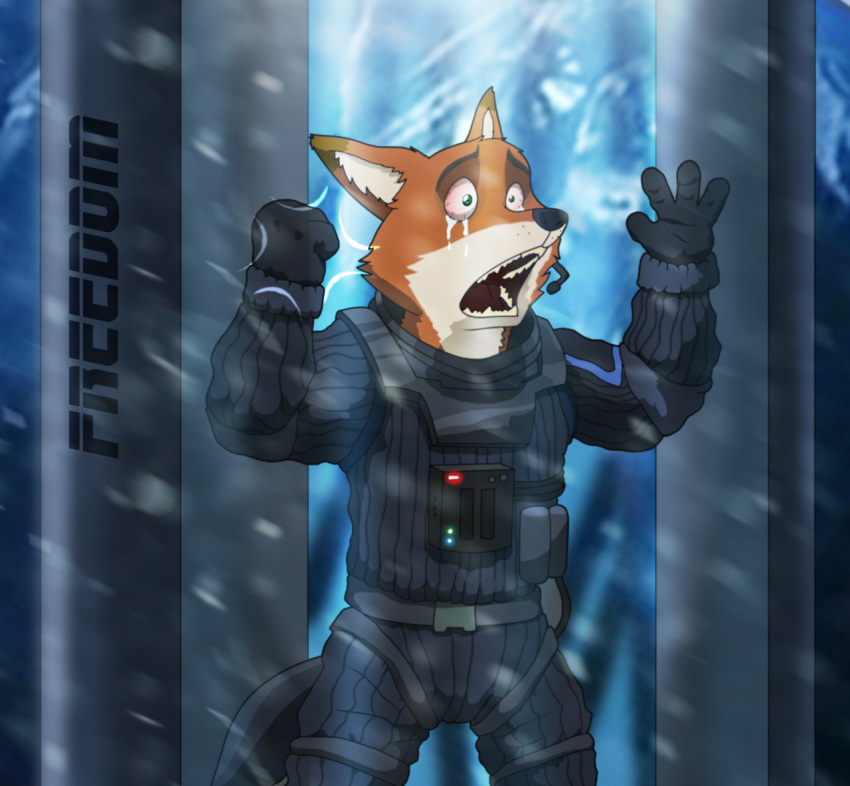 2016 anthro armageddon_(movie) bodily_fluids canid canine clothed clothing crying digital_media_(artwork) disney fox fur male mammal multicolored_body multicolored_fur nick_wilde open_mouth solo spacesuit tears two_tone_body two_tone_fur xxsparcoxx zootopia