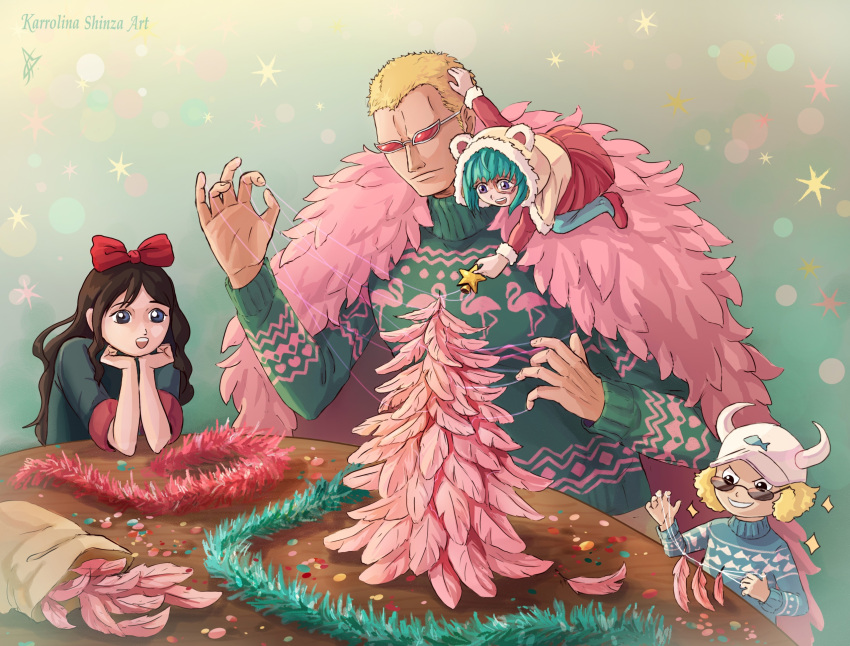 2boys 2girls aged_down animal_hood animal_print artist_name baby_5 bird black_hair blonde_hair bow closed_mouth coat dellinger_(one_piece) donquixote_doflamingo dress feather_coat feathers flamingo green_hair green_sweater hair_bow highres hood karrolinashinza_art long_hair monocle multiple_boys multiple_girls new_year one_piece open_mouth person_on_shoulder pink_coat red_bow red_dress short_hair smile sparkle star_(symbol) sugar_(one_piece) sunglasses sweater table thread turtleneck turtleneck_sweater