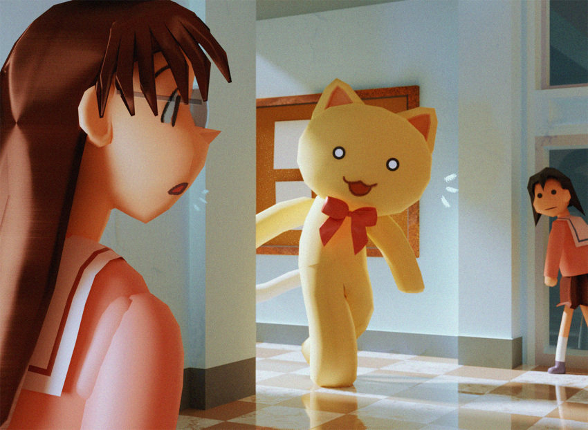 1other 2girls azumanga_daioh azumanga_daioh's_school_unifor blender_(medium) brown_hair brown_skirt commentary english_commentary giant_cat glasses hallway indoors jacket long_hair looking_at_another louie_zong mizuhara_koyomi multiple_girls no_nose open_mouth pink_jacket sailor_collar school_uniform serafuku short_hair skirt takino_tomo tile_floor tiles white_sailor_collar