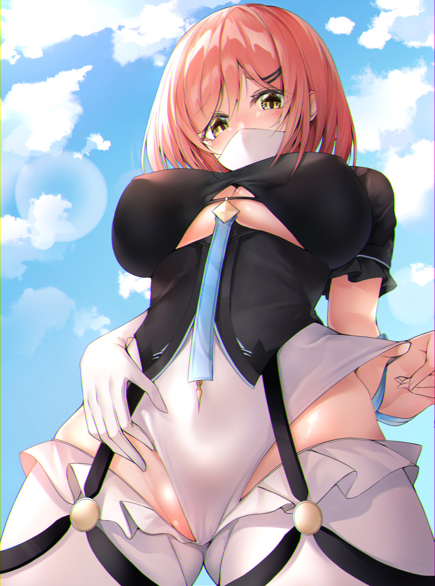 1girl absurdres bangs black_leotard blue_sky bob_cut breasts cameltoe cloud cloudy_sky from_below gloves gr_greeze grey_eyes highres honkai_(series) honkai_impact_3rd large_breasts leotard looking_at_viewer mask mouth_mask outdoors pink_hair short_hair short_sleeves single_glove sky solo thighhighs timido_cute underboob white_gloves white_legwear
