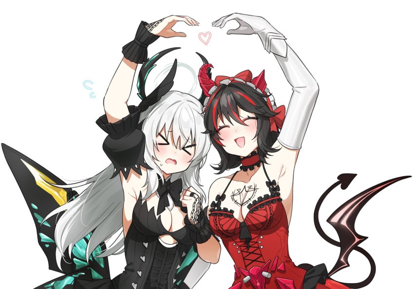 &gt;_&lt; 2girls black_dress black_hair black_sleeves breasts broken_horn butterfly_wings chest_tattoo choker cleavage closed_eyes demon_horns demon_tail dress elbow_gloves feather_hair_ornament feathers frilled_choker frills gloves grey_hair hair_between_eyes hair_ornament highres horns insect_wings juliet_sleeves large_breasts liv:_empyrea_(dreamcatcher)_(punishing:_gray_raven) liv:_empyrea_(punishing:_gray_raven) liv_(punishing:_gray_raven) long_hair long_sleeves lucia:_plume_(punishing:_gray_raven) lucia_(punishing:_gray_raven) maid_headdress medium_hair multicolored_hair multiple_girls myam_(123ab456c) puffy_sleeves punishing:_gray_raven red_choker red_dress red_hair red_horns short_sleeves sidelocks smile spade_(shape) streaked_hair sweatdrop tail tattoo white_background white_gloves wing_hair_ornament wings