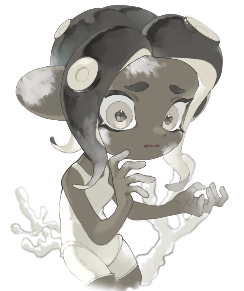 1girl a_a2001214 agent_8_(splatoon) black_hair bodysuit commentary coral dark-skinned_female dark_skin grey_eyes highres medium_hair octoling octoling_girl open_mouth scared simple_background skin_tight sleeveless sleeveless_bodysuit solo splatoon_(series) splatoon_3 splatoon_3:_side_order tentacle_hair thick_eyebrows white_background white_bodysuit