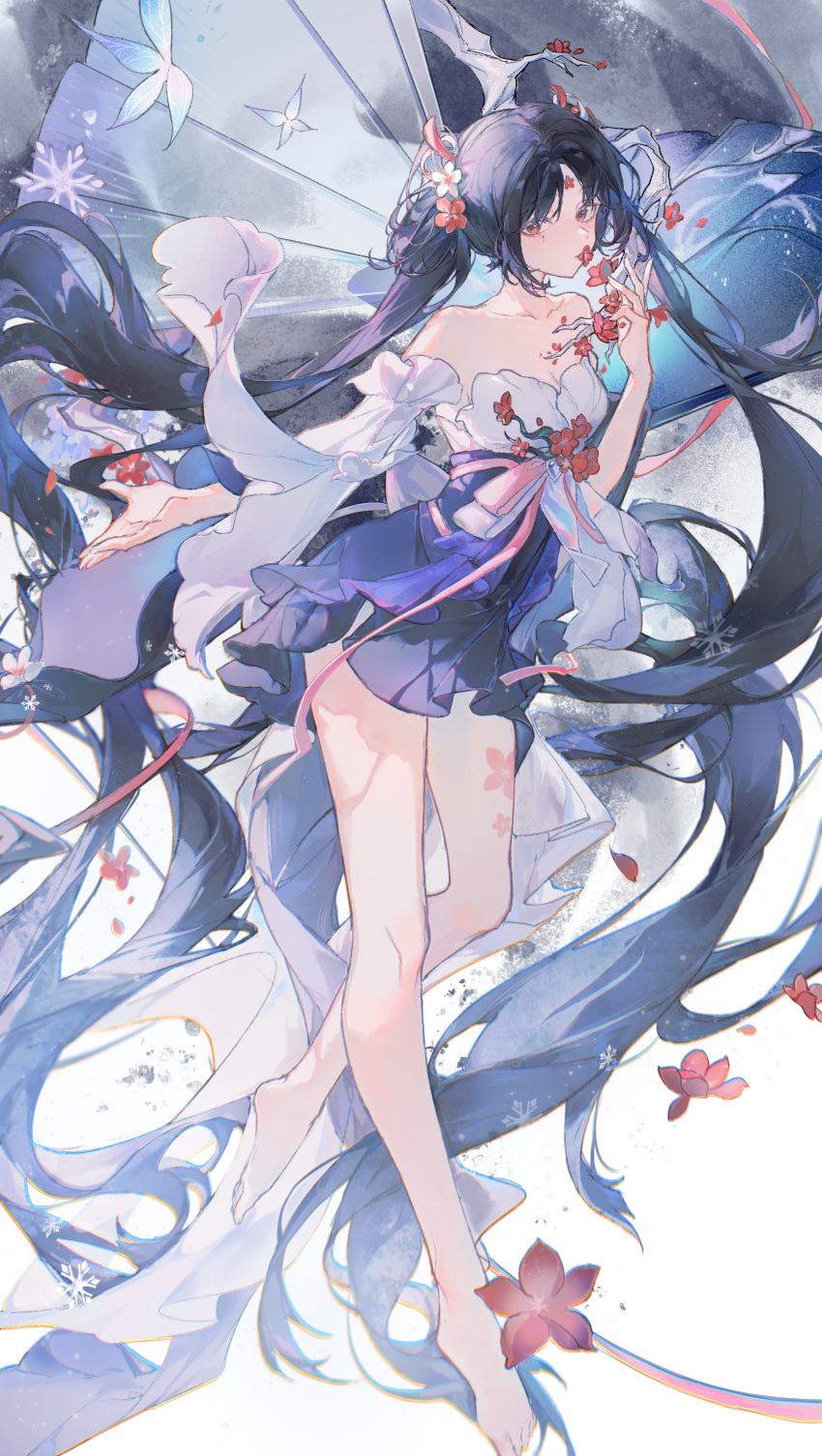 1girl absurdly_long_hair absurdres bare_legs bare_shoulders barefoot black_hair blue_dress blue_flower bow branch chinese_commentary collarbone commentary_request detached_sleeves dress flower flower_in_mouth flower_tattoo forehead_tattoo full_body high-low_skirt highres holding holding_flower jinyusuiyu leg_tattoo long_hair onmyoji parted_bangs partial_commentary pink_bow red_eyes red_flower shiranui_(onmyoji) short_dress snowflakes solo strapless strapless_dress tattoo twintails two-tone_dress very_long_hair waist_bow white_dress white_sleeves