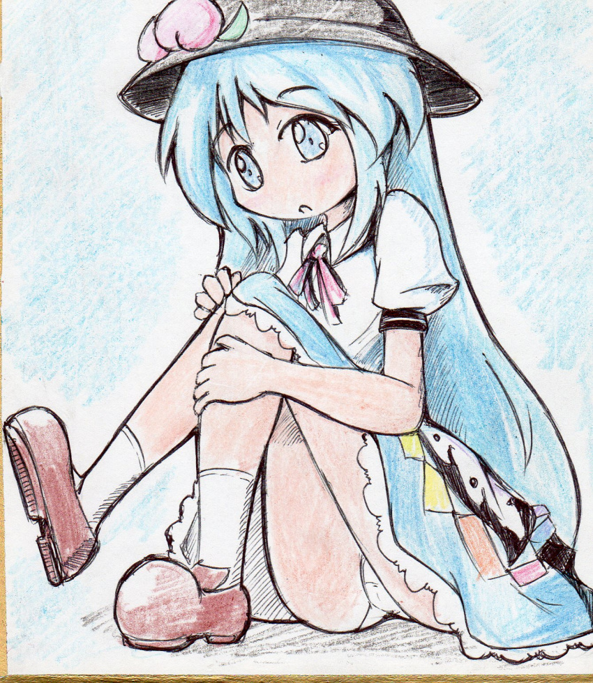 1girl apron black_headwear blue_background blue_eyes blue_hair blue_skirt brown_footwear collared_shirt colored_pencil_(medium) full_body hat highres hinanawi_tenshi janas leaf_hat_ornament long_hair neck_ribbon open_mouth peach_hat_ornament puffy_short_sleeves puffy_sleeves red_ribbon ribbon shirt short_sleeves simple_background skirt socks solo touhou traditional_media very_long_hair waist_apron white_apron white_shirt white_socks