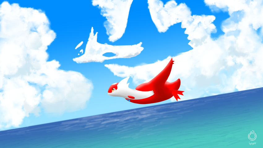 16:9 2023 4k absurd_res blue_sky brown_eyes cloud cloudscape day digital_media_(artwork) dragon female feral flying generation_3_pokemon hi_res kemo_leight latias latios legendary_pokemon nintendo outside pokemon pokemon_(species) red_body red_wings sea shadow sky solo surreal tail water widescreen wings